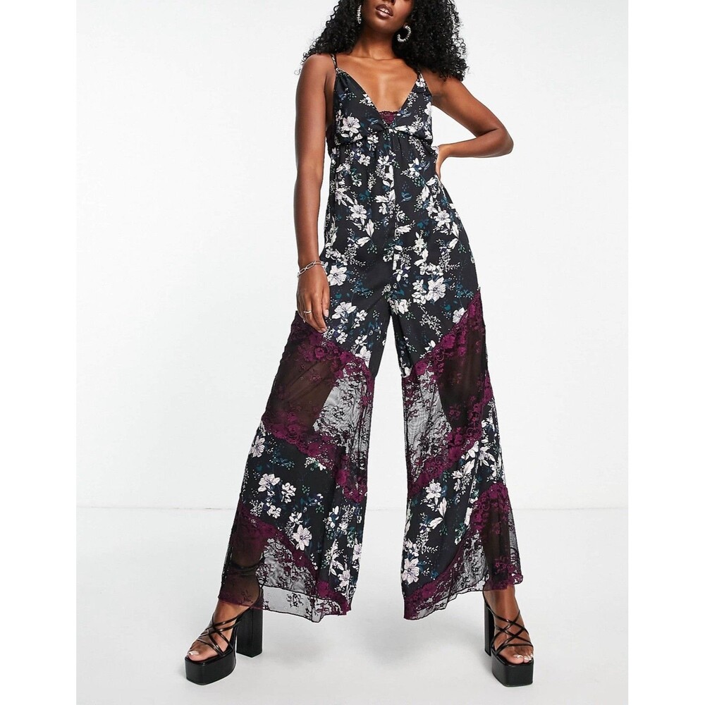NEW Free People Womens Size XS Love Letter Floral Jumpsuit Satin & Sheer Lace